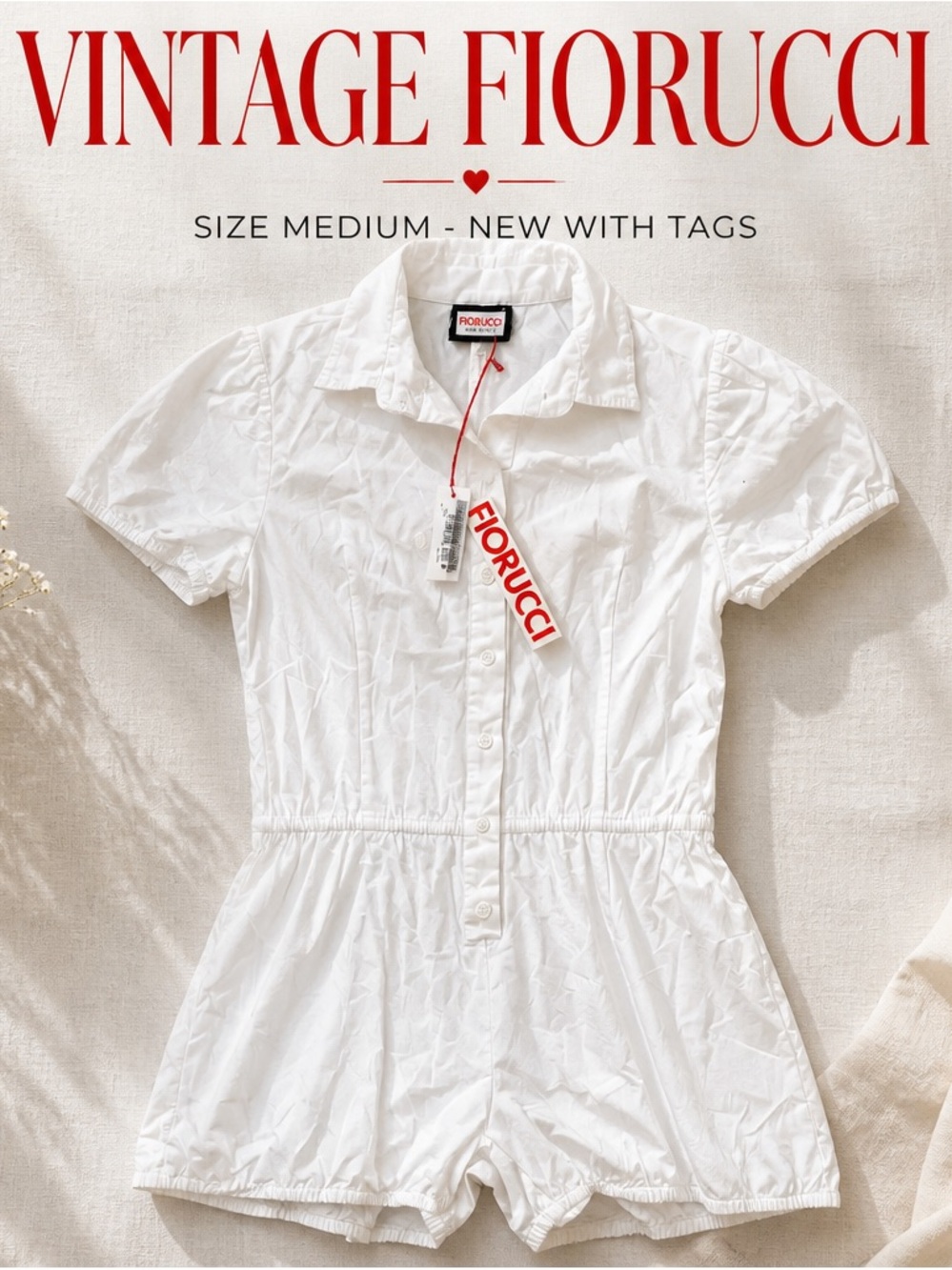 NWT Fiorucci VINTAGE White Short Sleeve Button-Front One-Piece Romper shorts Med